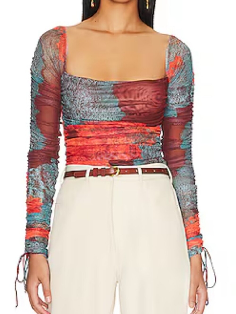 Andrea Iyamah Coral and Teal Patterned Swimwear Top